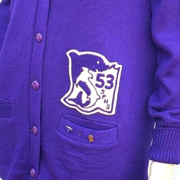 Varsity Jacket Vintage Class Sweater 50s High School Purple Wool S - Picture 2 of 15